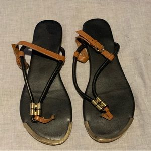 Black and brown sandals with gold toe